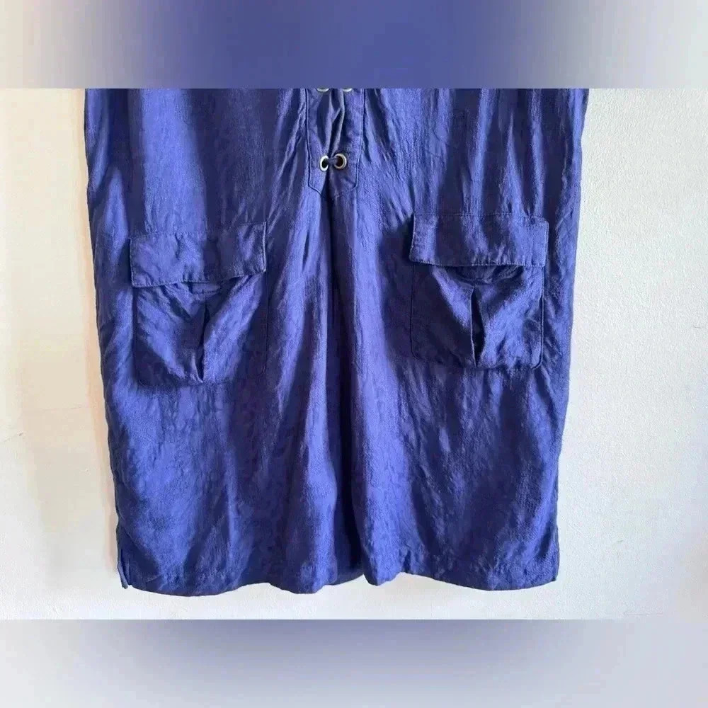 Anthropologie Navy Finley Floral Jacquard Lace-Up Linen Blend Shirt Dress 12 - Picture 8 of 16